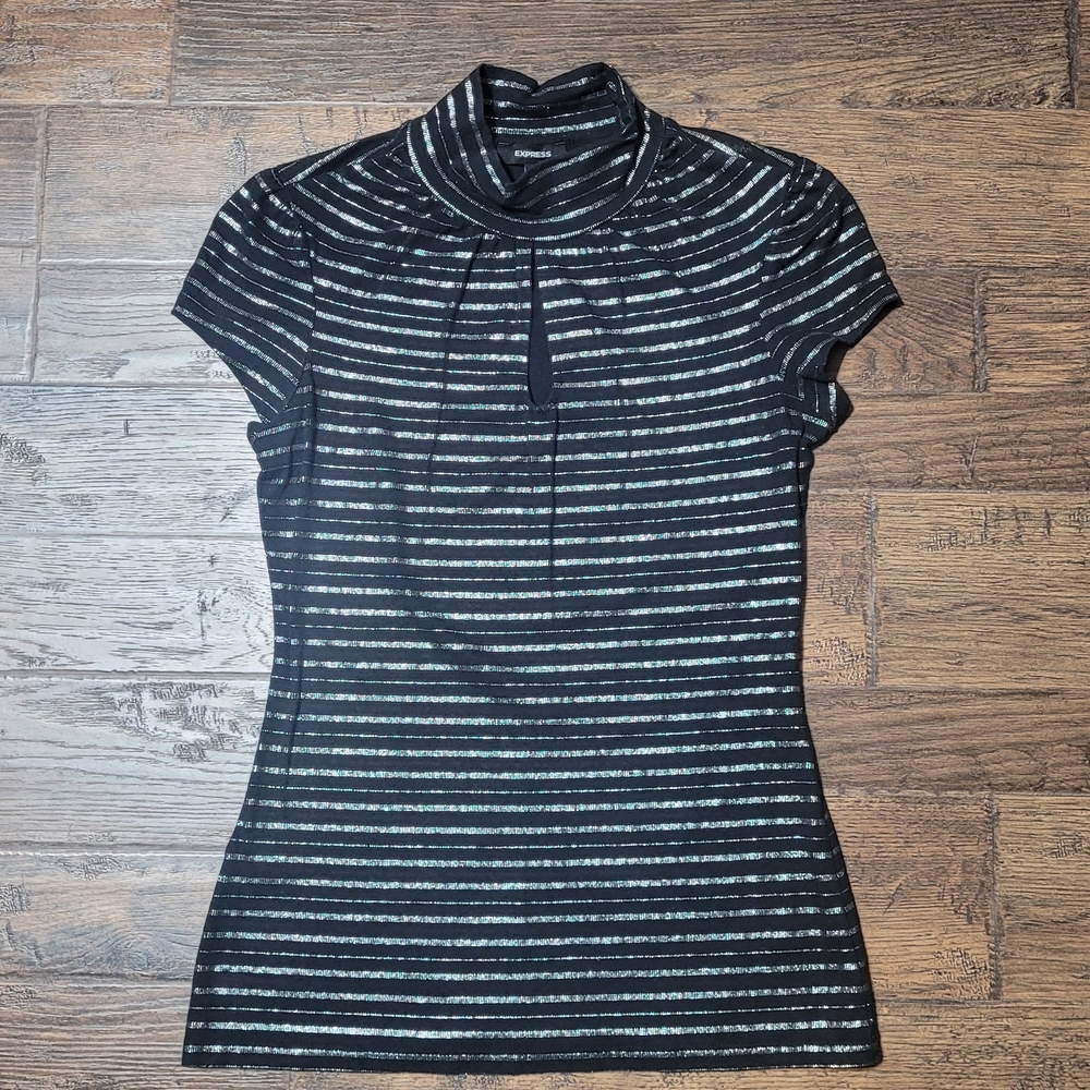 Express Black Short-Sleeve Mock Neck Top with Silver Stripes